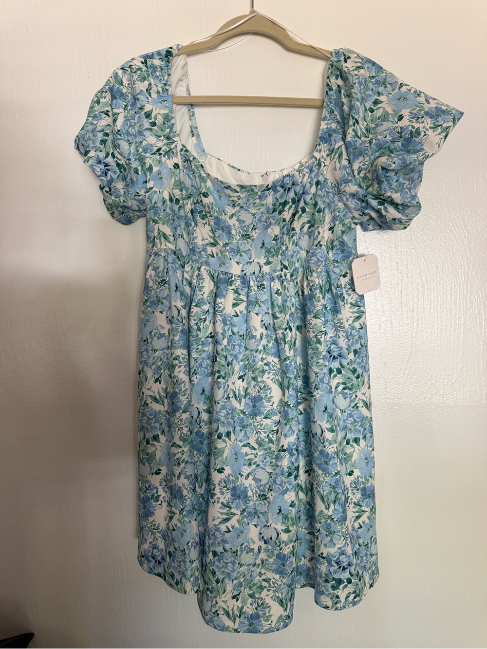 Altar'd State Blue and White Floral Puff Sleeve Dress
